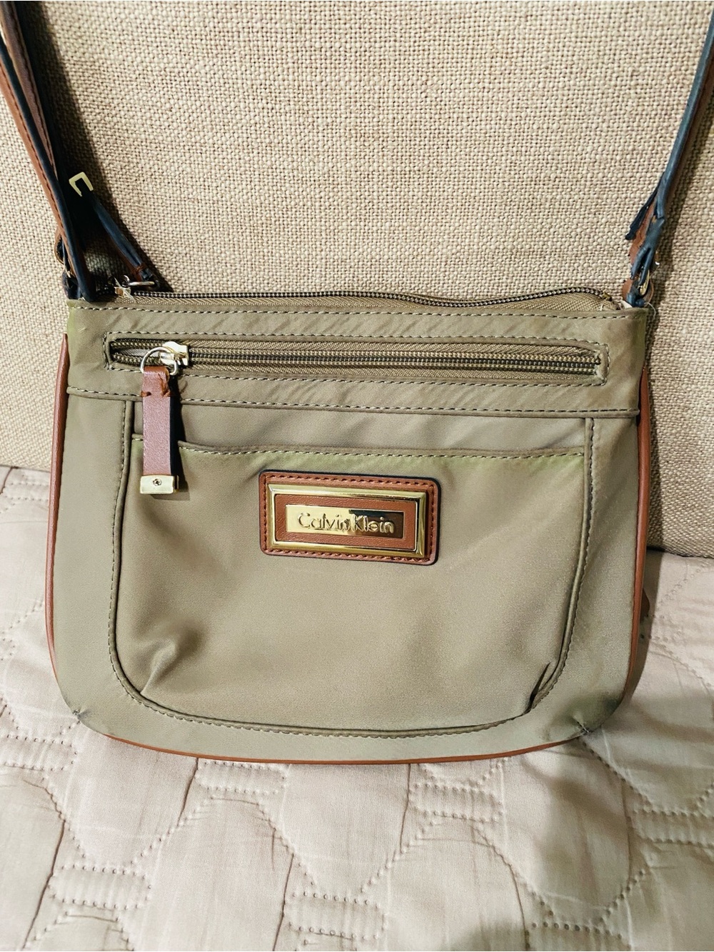 Calvin Klein Olive and Brown Crossbody Bag